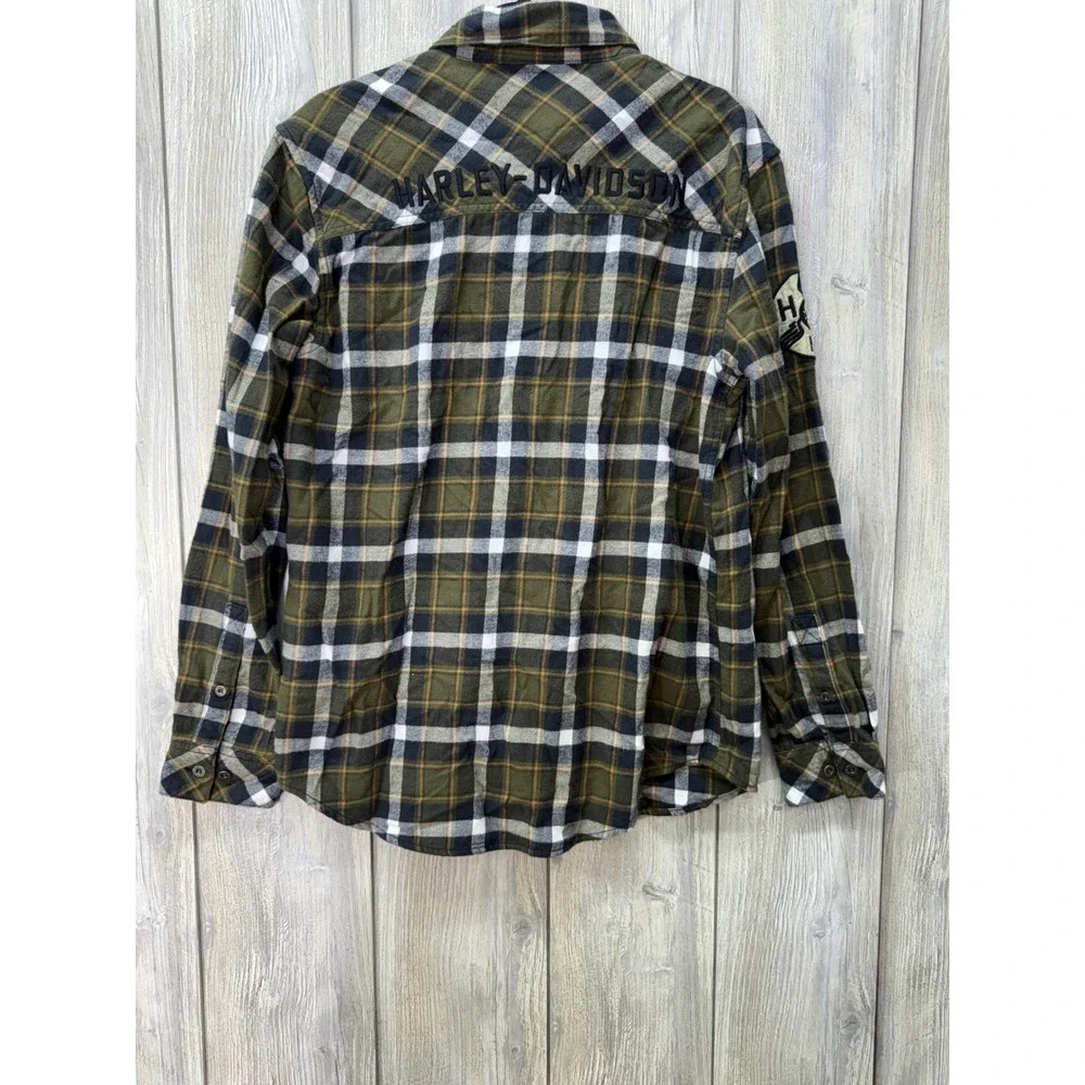 Harley-Davidson Mens Plaid Flannel Shirt Olive Green Long Sleeve Button Up Med